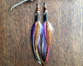 Boho Feather Earrings: Emu Rooster Feathers, Surgical Steel