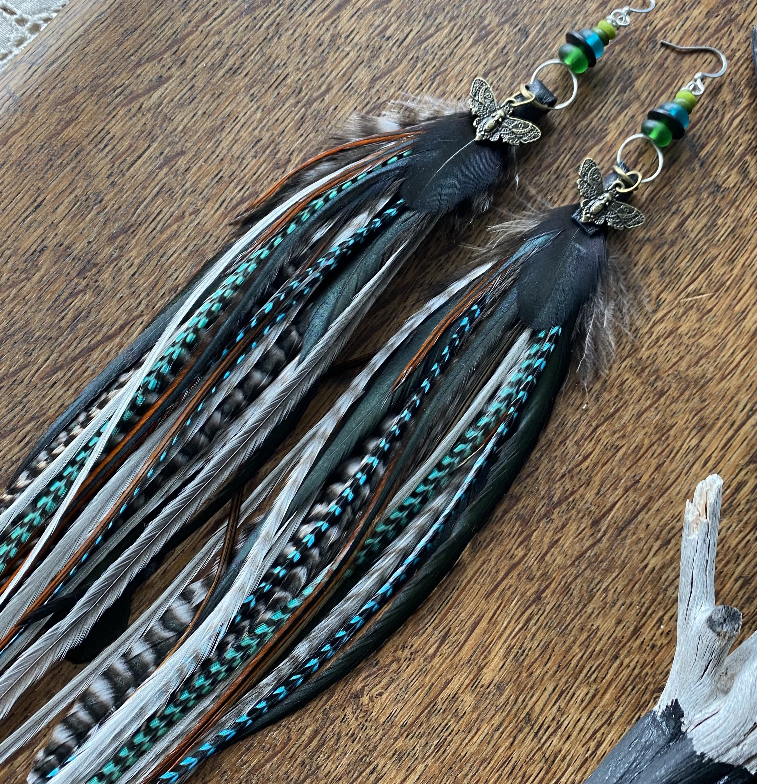 Extra Long Feather Earrings: Handmade Beaded Boho Hoop Earrings