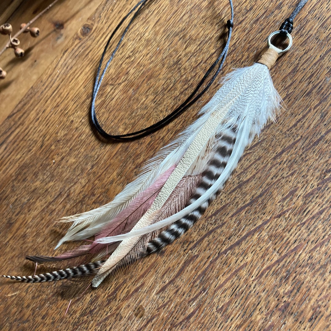 Boho Feather Pendant Necklace: Natural Emu, Rooster, Pheasant