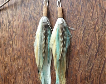 Light Blue Feather Earrings: Handmade Boho Jewellery Emu and Grizzly Feathers