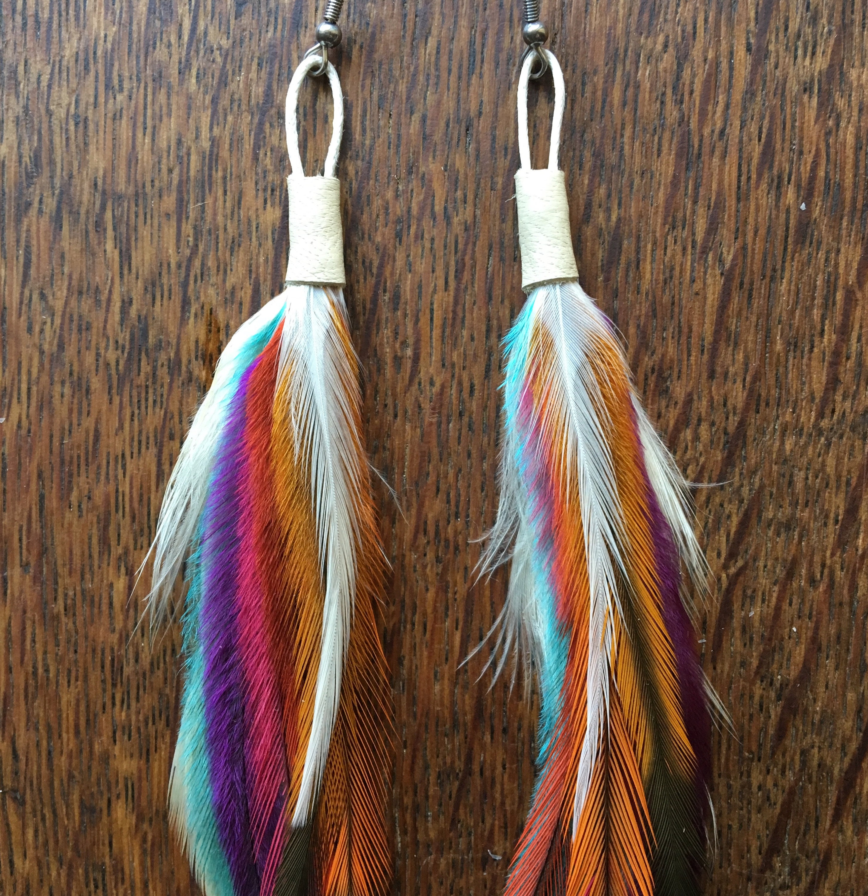 Colorful Feather Earrings with leather - rainbow and white Rainbow Feather Earrings: Fun Festival Jewelry LBGTQIA+ - Etsy main image 2