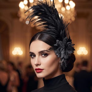 Peut inclure: Un accessoire de tête noir composé d'un bouquet de plumes sombres et d'une fleur en tissu décorative. L'ornement est fixé aux cheveux par un bandeau fin, créant une silhouette verticale en forme de panache sur le côté de la tête.