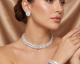 Set di gioielli da sposa con strass, collana girocollo con cristalli, bracciale, orecchini, set di gioielli vistosi in argento.