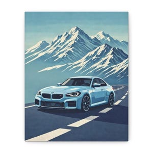 May include: A light blue sports car is depicted on a canvas print, driving on a road with white lane markings. The background features snow-capped mountains and a light blue sky. The artwork has a stylized, illustrative aesthetic.