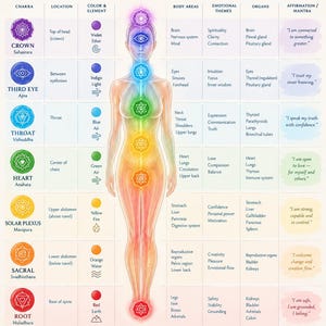 May include: A chart titled The 7 Chakras + Body Systems Map featuring a central human figure with seven glowing colored chakra symbols aligned vertically. The table details locations, elements, body areas, themes, organs, and mantras for each.