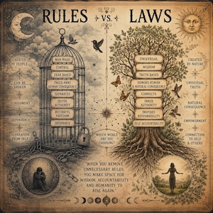 May include: A vintage-style poster titled Rules vs. Laws featuring a birdcage on the left and a tree on the right. The cage lists terms like control and obedience, while the tree lists wisdom and accountability. Text includes, When you remove unnecessary rules, you make space for wisdom, accountability and humanity to rise again.