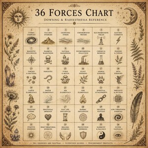 Może przedstawiać: Beżowa tabela 36 Forces Chart do radiestezji, zawierająca siatkę 36 ponumerowanych ikon z etykietami takimi jak Cosmic Energies i Divine Guidance. Obramowanie zawiera czarne ilustracje słońca, księżyca, kwiatów, kryształów i pióra.