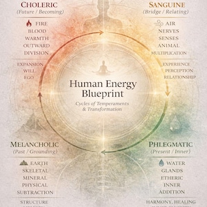 May include: A detailed chart titled "The Human Energy Blueprint" illustrates cycles of temperaments and transformation. The design features a central circular diagram with interconnected elements, text, and illustrations, including the words "Choleric," "Sanguine," "Melancholic," and "Phlegmatic."