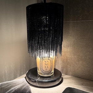 Candle Warmer Lamp – Dimmable, Adjustable Height, Marble Base, Metal Chain Shade in Carbon Black