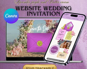 Plantilla de invitación de boda Lavanda y Crema de Mantequilla Suite de sitio web floral púrpura Invitación de verano elegante y minimalista Descarga instantánea de Canva