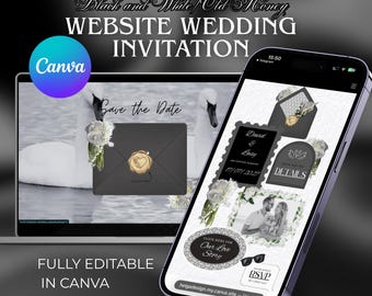 Plantilla editable de Canva para invitación web en blanco y negro. Invitación de boda minimalista. Invitación de boda moderna y lujosa. ¡Reserva la fecha! Descarga digital.