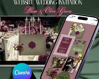 Invitación de boda en color ciruela y verde oliva, Sage Save the Date, Invitación de lujo elegante con diseño floral, Plantilla de Canva editable, Digital Instantánea