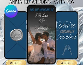 Invitación de boda animada azul medianoche y plata, invitación de lujo azul marino, reserva la fecha, plantilla elegante de Canva, video móvil, invitación digital instantánea