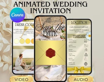 Plantilla animada de boda amarillo mantequilla / Invitación de boda digital en vídeo color limón / Tarjeta de "Reserva la fecha" floral amarilla / Descarga de Canva