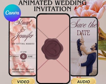 Invitación de boda animada en rosa pálido, plantilla de vídeo elegante en rosa empolvado, tarjeta de "Reserva la fecha" de lujo en rosa claro (descarga digital).