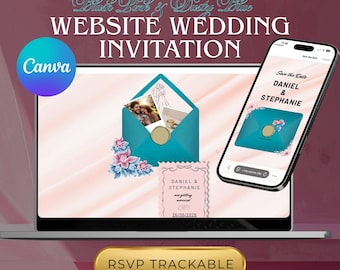 Invitación de boda en rosa palo y azul empolvado para sitio web. Plantilla elegante y pastel para guardar la fecha. Invitación botánica digital para descargar.