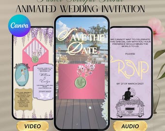 Invitación de boda animada en tonos pastel, invitación en video color lila, primavera/verano, guardar la fecha, jardín floral, plantilla de Canva, descarga digital