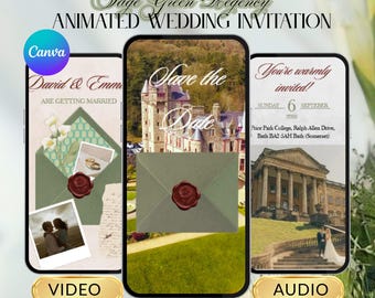 Invitación de boda Regency en verde salvia, invitación animada en video de olivo de jardín, plantilla Canva para guardar la fecha de verano vintage, descarga digital