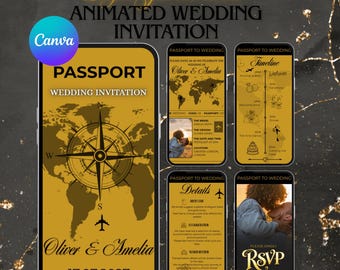 Invitación de boda Passport Gold Black, video de lujo para anunciar la fecha de la boda, invitación animada para boda en destino, plantilla de Canva (descarga digital).