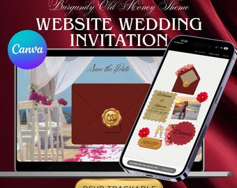 Plantilla de sitio web de boda color borgoña, vino tinto cereza, invitación de boda editable en Canva, sitio web de boda elegante, invitación digital minimalista de lujo
