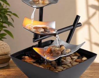Tabletop Water Fountain Indoor Zen Fountain with LED Light & Natural River Rocks, Relaxation Waterfall Decor for Home