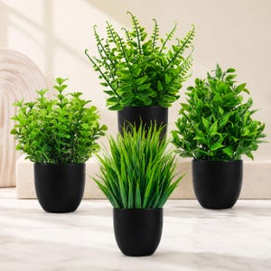 May include: Four small, artificial potted plants with vibrant green foliage. The plants are in sleek, black, rounded pots. The arrangement includes various plant types, offering a diverse aesthetic for home decor. The plants are arranged on a white surface.