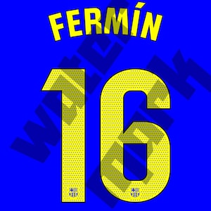 May include: A blue graphic design featuring the name "FERMIN" in yellow, above the number "16" in yellow. The number has a dotted pattern. Small emblems are at the bottom of the number.