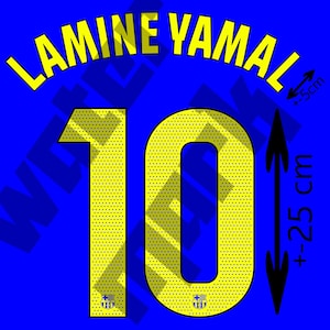 May include: A blue graphic with the name "LAMINE YAMAL" in yellow, arched across the top. Below, a large yellow number "10" is displayed. The number is approximately 25 cm tall and 5 cm wide. The image includes the team logo.