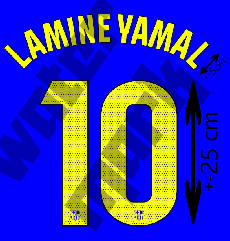 May include: A blue graphic with the name "LAMINE YAMAL" in yellow, arched across the top. Below, a large yellow number "10" is displayed. The number is approximately 25 cm tall and 5 cm wide. The image includes the team logo.