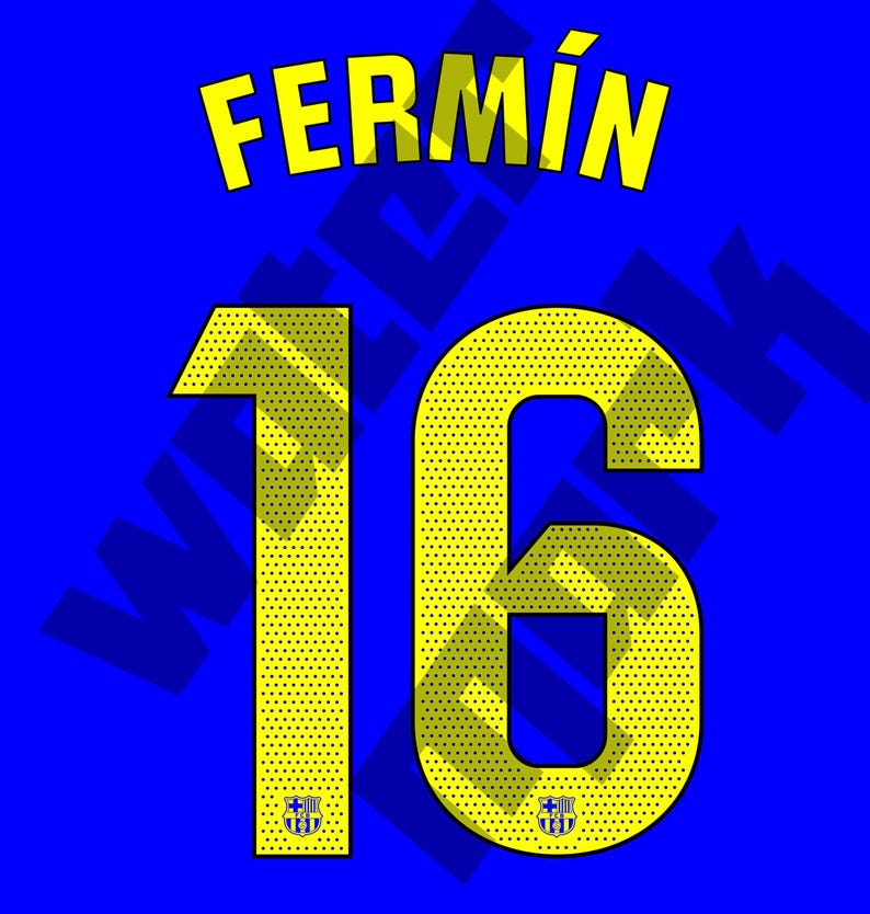 May include: A blue graphic design featuring the name "FERMIN" in yellow, above the number "16" in yellow. The number has a dotted pattern. Small emblems are at the bottom of the number.