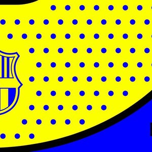 May include: A graphic design featuring the FC Barcelona crest in blue and yellow. The background is yellow with blue dots and a blue curved section. The words "High Detail" are visible.