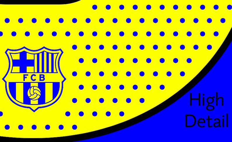 May include: A graphic design featuring the FC Barcelona crest in blue and yellow. The background is yellow with blue dots and a blue curved section. The words "High Detail" are visible.