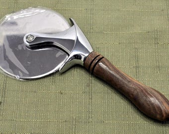 Large Stainless Steel Pizza Cutter with Hand-Turned Removable Claro Walnut Handle