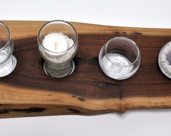 Live-Edge Walnut or Cedar Flight Tray – Candle Holder with Glass Choice