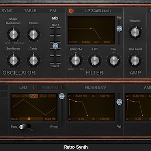 May include: A digital audio workstation interface with a retro synth theme. The dark interface features numerous knobs, sliders, and displays, including sections labeled Analog, Oscillator, Filter, Amp, and Effect. The text "Retro Synth" is at the bottom.