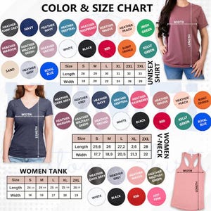 May include: Color and size chart for unisex shirts, women's V-neck shirts, and women's tank tops. Includes color swatches in various shades like heather gray, navy, and red, along with size measurements in inches.