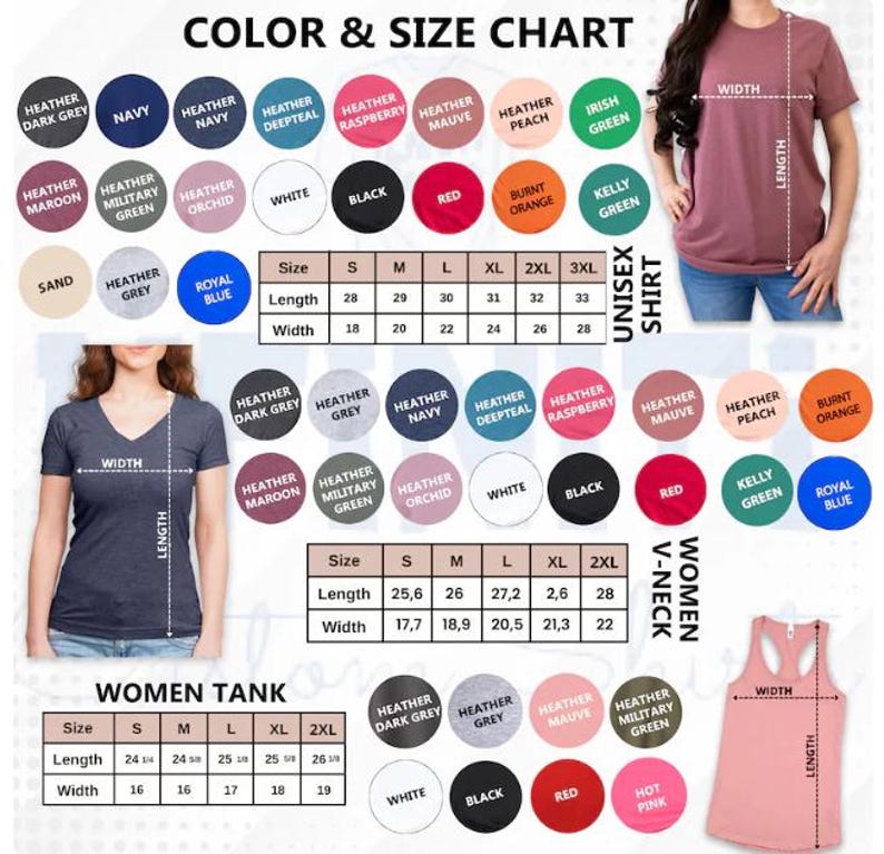 May include: Color and size chart for unisex shirts, women's V-neck shirts, and women's tank tops. Includes color swatches in various shades like heather gray, navy, and red, along with size measurements in inches.