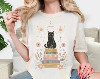 Mystical Cat Shirt, Witchy Moon and Stars Tee, Dark Cottagecore Gift Cat Mom, Magic Goth Dark Academia,Comfort Colors®cat-book shirt