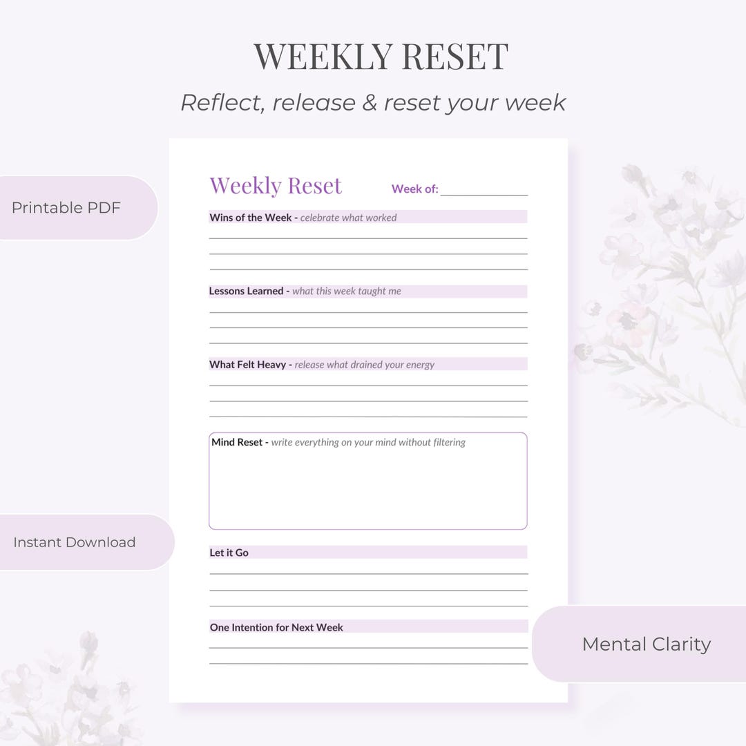 Weekly Reset Printable PDF, Mental Clarity Worksheet, Reflect & Release ...
