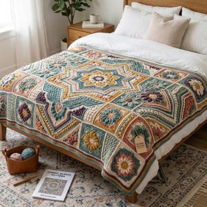 Puede incluir: Una manta de ganchillo con un gran motivo de estrella central rodeado de complejos cuadrados florales y geométricos en tonos verde azulado, amarillo mostaza, crema y morado suave. Una etiqueta Cosmic Bloom está unida a la esquina.