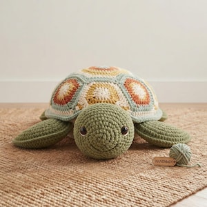 May include: A crocheted turtle plush toy featuring a sage green head and flippers with a multi-coloured shell made of hexagonal patches in shades of rust, mustard yellow, cream, and sage green. A small ball of yarn with a wooden tag labelled HANDMADE.