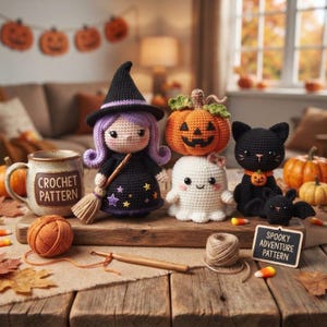 May include: A collection of crocheted figures including a witch with purple hair, a pumpkin, a white ghost, a black cat, and a bat. A mug labeled CROCHET PATTERN, a ball of orange yarn, a crochet hook, and a sign reading SPOOKY ADVENTURE PATTERN.