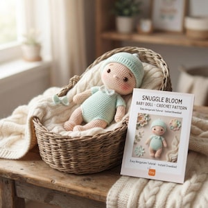 Könnte beinhalten: Eine gehäkelte Babypuppe mit hellminzgrüner Mütze und passendem Strampler, die in einem geflochtenen Korb auf einer cremefarbenen Zopfstrickdecke liegt. Daneben liegt ein Dokument mit dem Titel SNUGGLE BLOOM BABY DOLL - CROCHET PATTERN.
