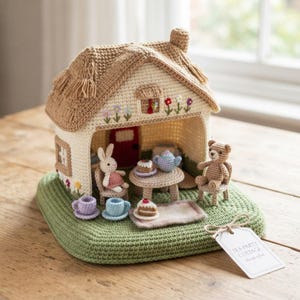 Puede incluir: Un juego de casa de té de ganchillo que presenta una casa de color crema con techo beige, sobre una base verde. Dentro hay un conejo y un oso de peluche de ganchillo, una mesa con servicio de té y trozos de pastel. Una etiqueta dice TEA PARTY COTTAGE.