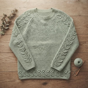 May include: A sage green long-sleeve sweater featuring a crew neckline and a textured knit pattern. The garment is decorated with raised leaf motifs that extend along the sleeves and across the bottom hem, creating a cohesive botanical design.