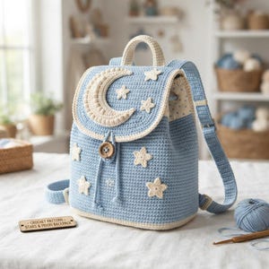May include: A light blue crochet backpack featuring a large cream-colored crescent moon and several small cream stars on the flap and body. The bag has a single wooden button closure, a top handle, and a small rectangular tag labeled CROCHET PATTERN STARS & MOON BACKPACK.
