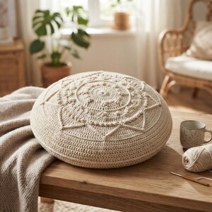 May include: A round, cream-colored crochet pillow featuring a textured, concentric mandala-style pattern with raised bobble stitches and geometric triangular accents, crafted with intricate yarn work and a dense, uniform stitch construction.