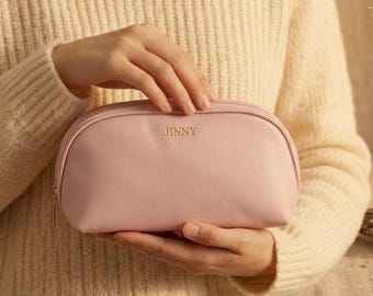 Personalized Vegan Leather Cosmetic Bag, Engraved Travel Makeup Pouch, Bridesmaid Gift