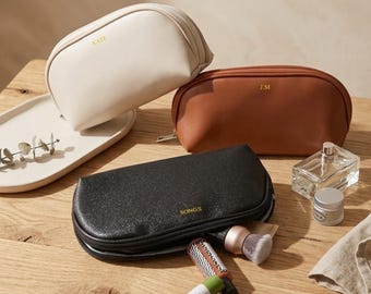 Custom Engraved Vegan Leather Makeup Bag, Personalized Cosmetic Pouch, Travel Toiletry Bag
