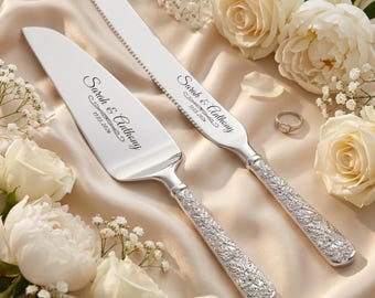 Custom Wedding Cake Knife Set, Engraved Gold Cake Server, Personalized Couple Gift, Engagement Gift, Bridal Shower Keepsake